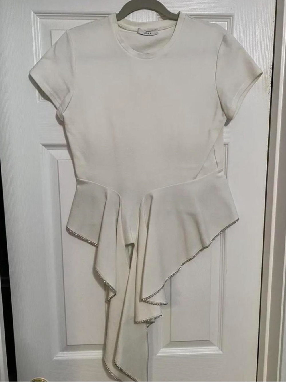 AREA NYC Crystal Embellished Asymmetrical White Ruffle Shirt